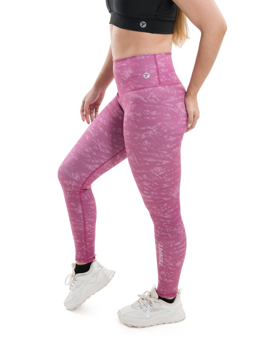 Legging deportivo rosa crepé sublimado - vista posterior detalle silueta moldeada TENFIT