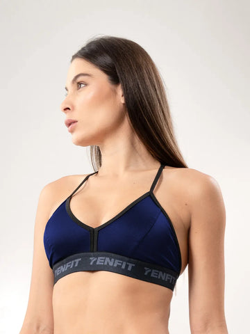Top deportivo azul turquí con copa microfibra mujer gym yoga TENFIT