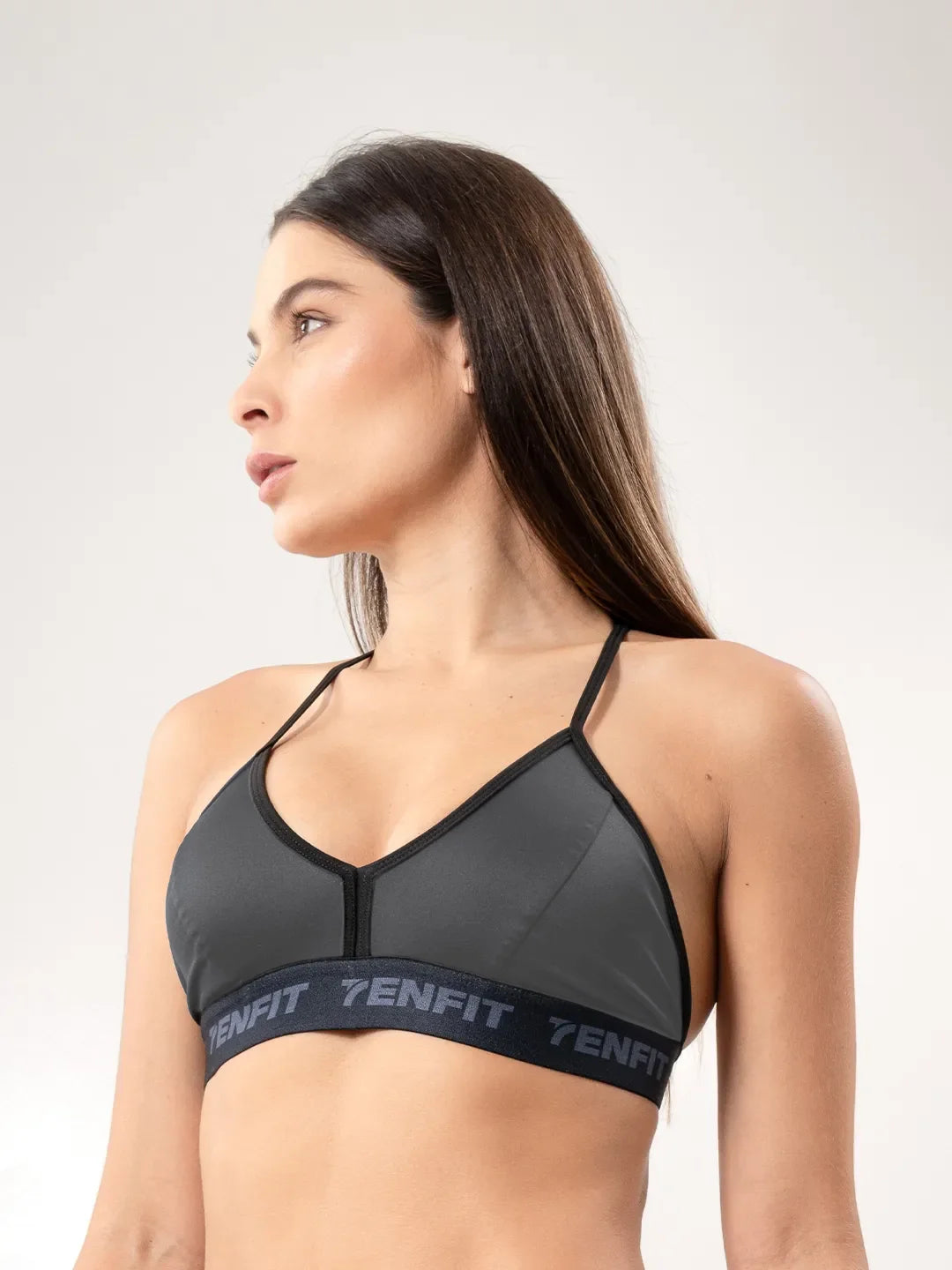 Top deportivo gris oscuro copa microfibra mujer entrenamiento gym TENFIT