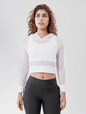 Buzo deportivo mujer blanco malla con capota TENFIT - vista frontal