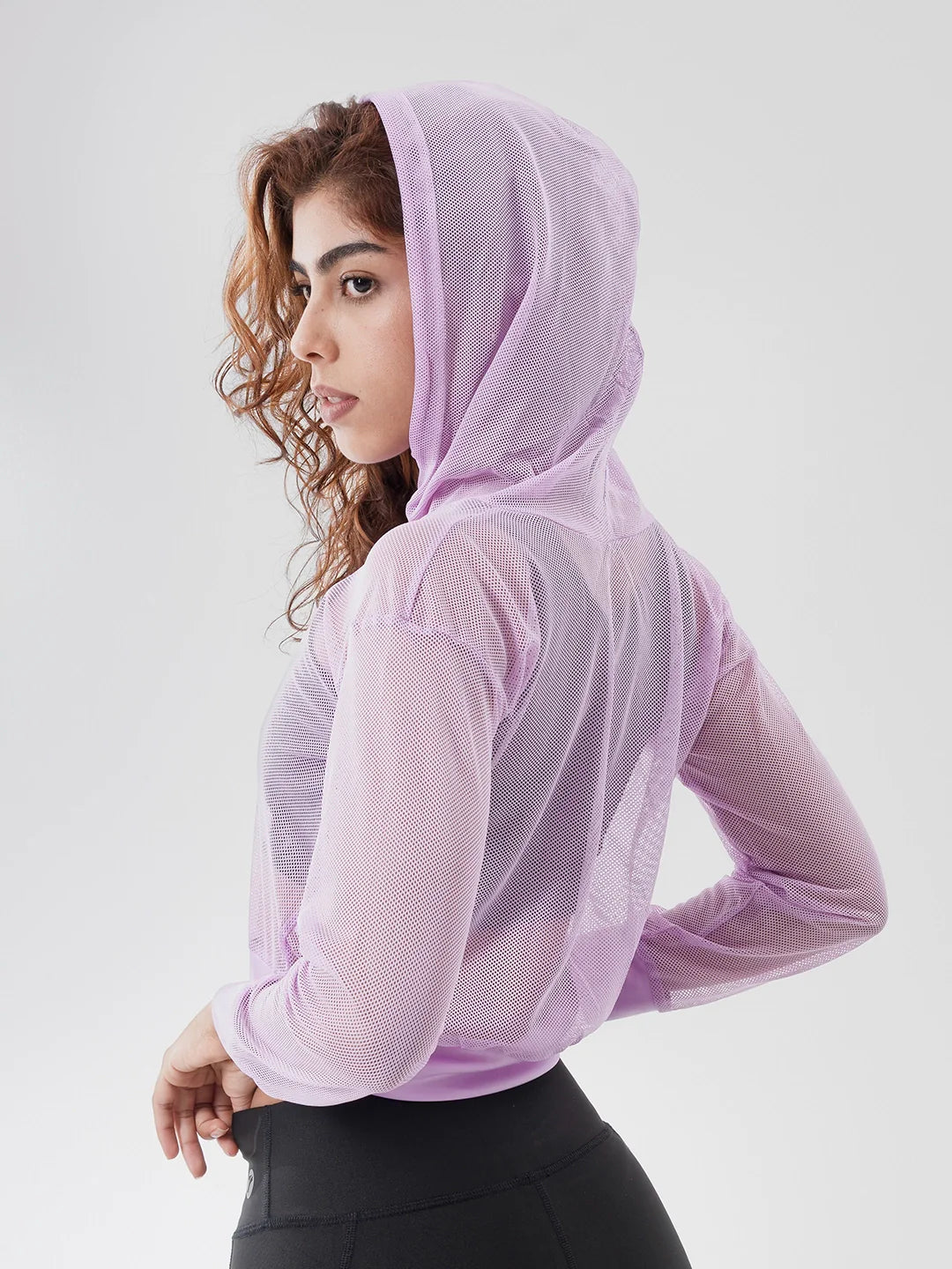 Buzo deportivo mujer lila oscuro malla con capota TENFIT - vista frontal