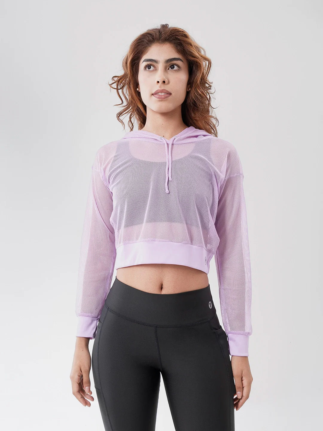 Buzo deportivo mujer lila oscuro malla con capota TENFIT - vista frontal
