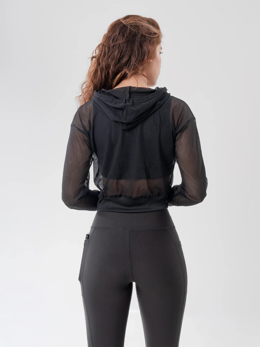 Buzo hoodie negro malla mujer TENFIT - vista posterior