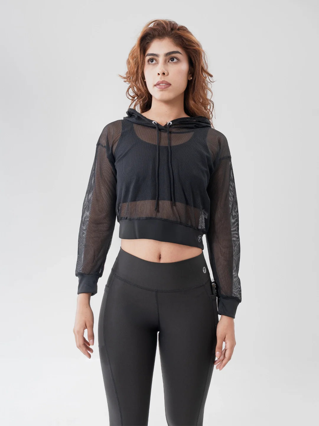 Buzo deportivo mujer negro malla con capota TENFIT - vista frontal