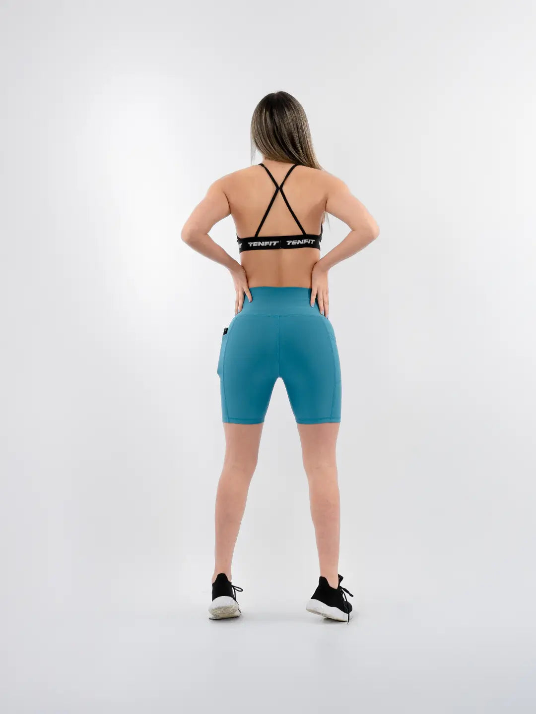 Short media pierna tela elástica mujer azul petróleo entrenamiento — TENFIT