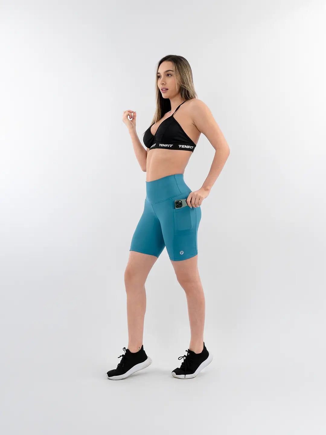 Short azul petróleo con bolsillo lateral pretina alta mujer — TENFIT
