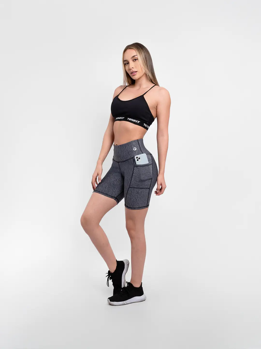 Short gris jaspe oscuro con bolsillo lateral pretina alta mujer — TENFIT