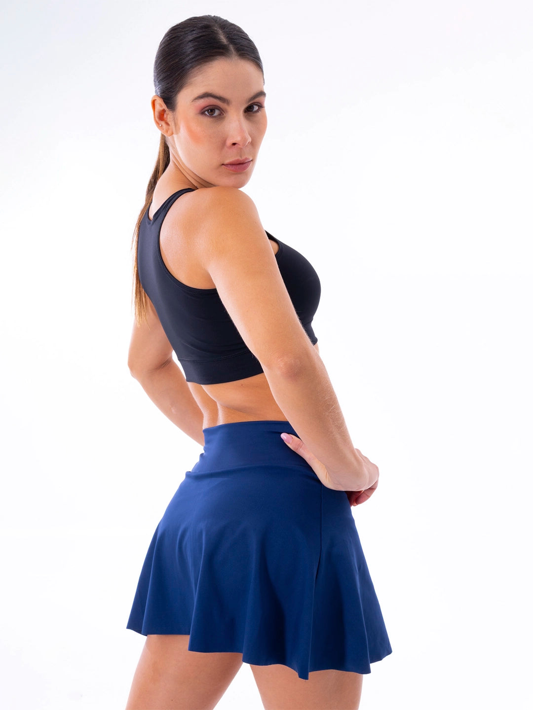 Detalle biker integrado falda azul deportiva mujer Colombia