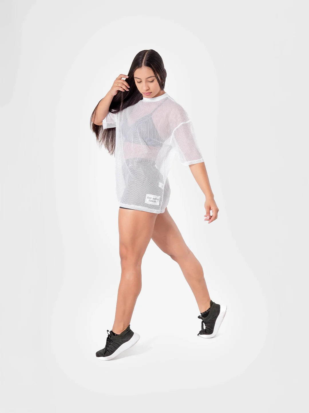 Camiseta entrenamiento blanca mujer hecha en Colombia TENFIT Airflow - lateral