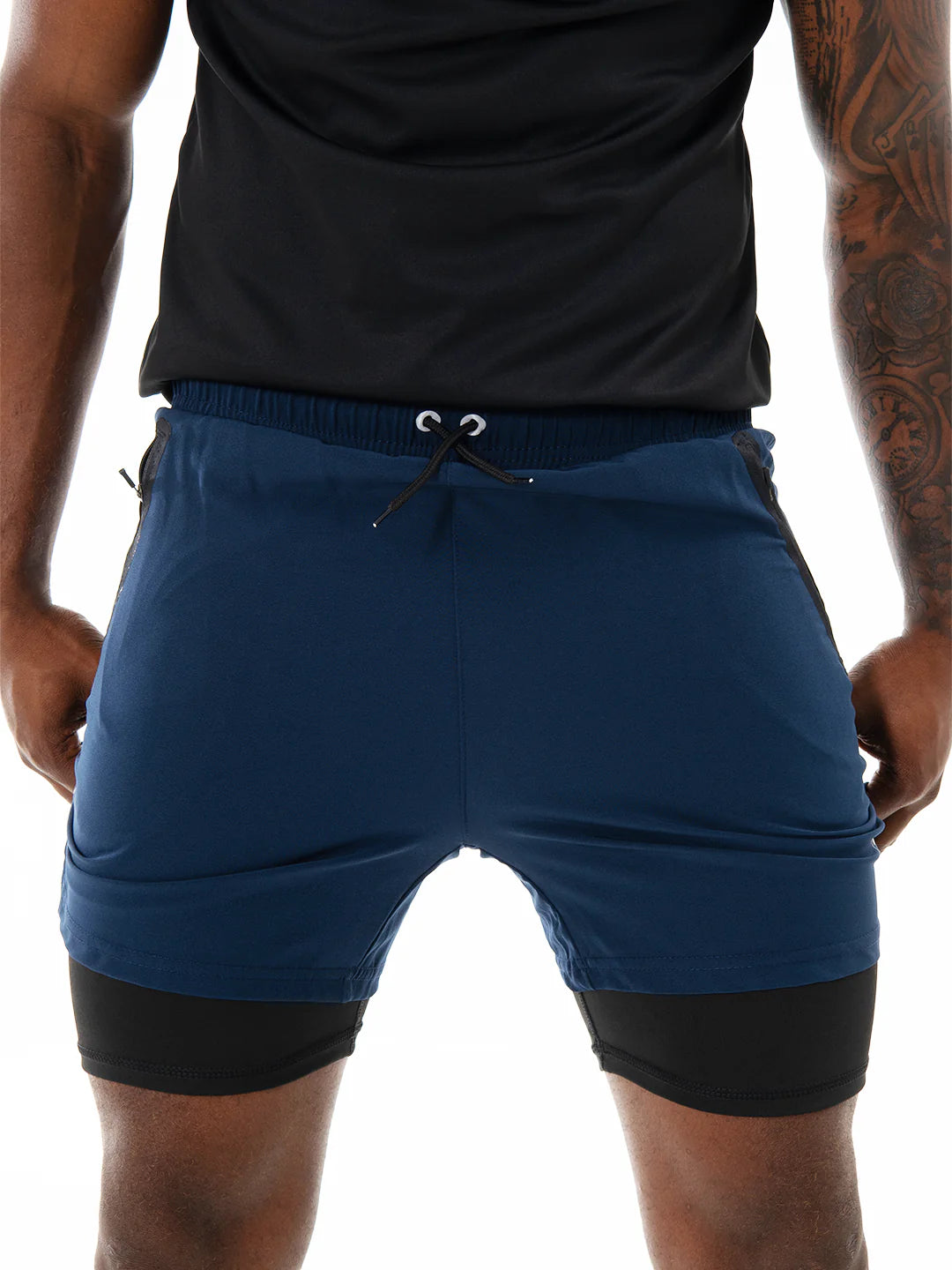 Pantaloneta deportiva azul turquí frente detalle licra – TENFIT