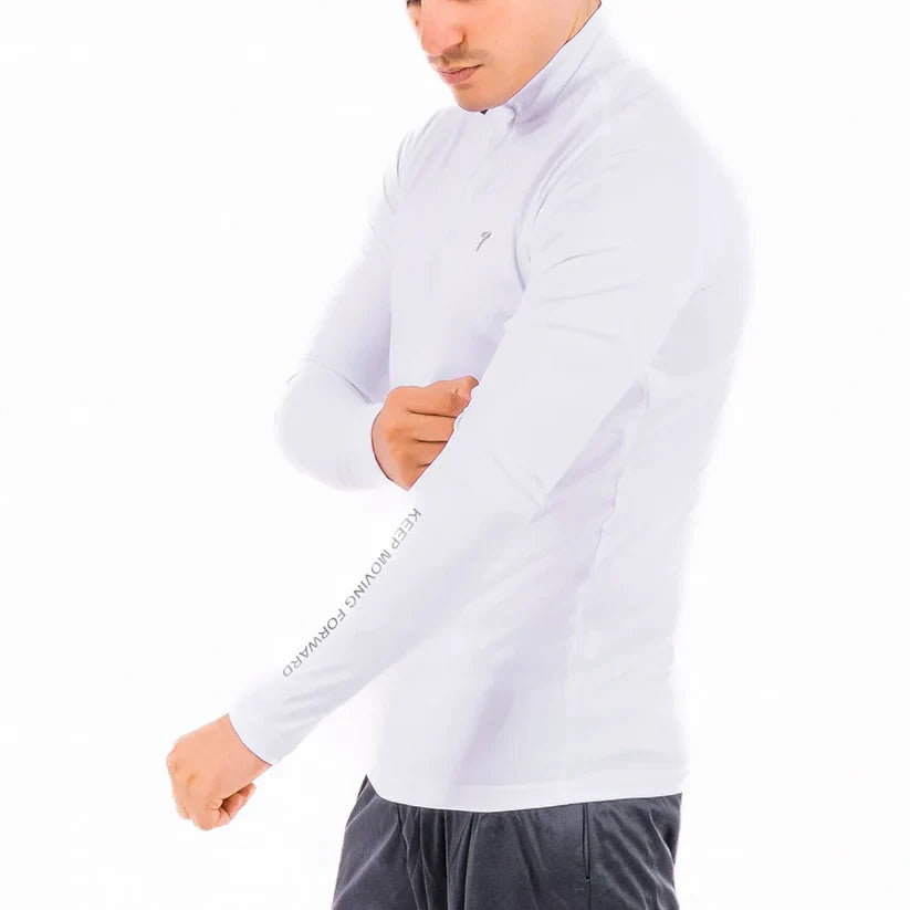 Buzo licra blanco hombre running perfil lateral secado rápido TENFIT