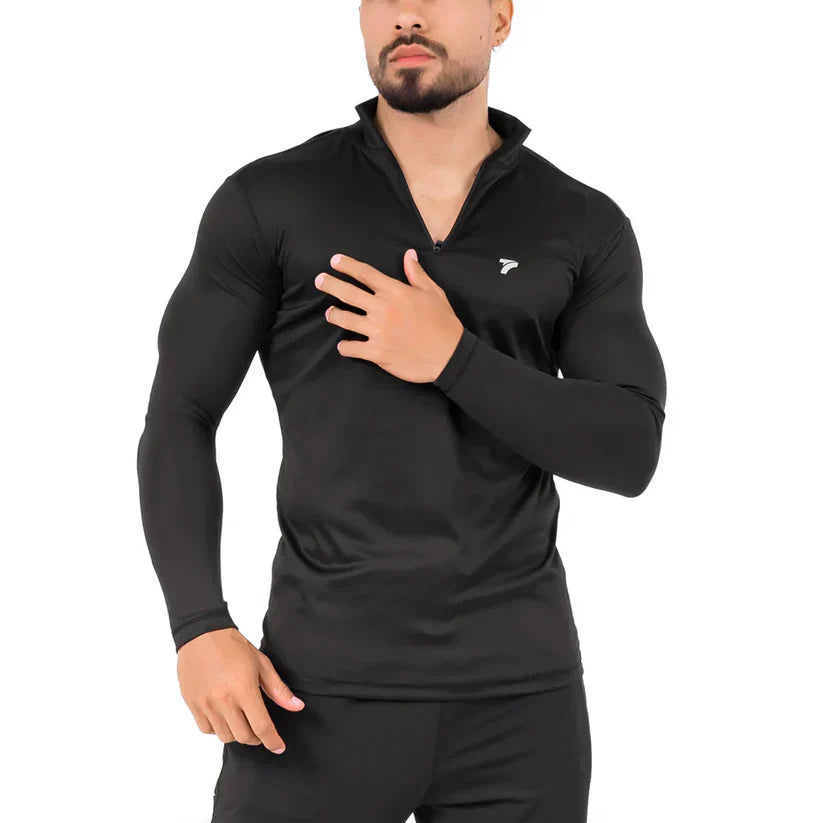 Buzo manga larga negro hombre running licra ultraligera filtro UV TENFIT Colombia