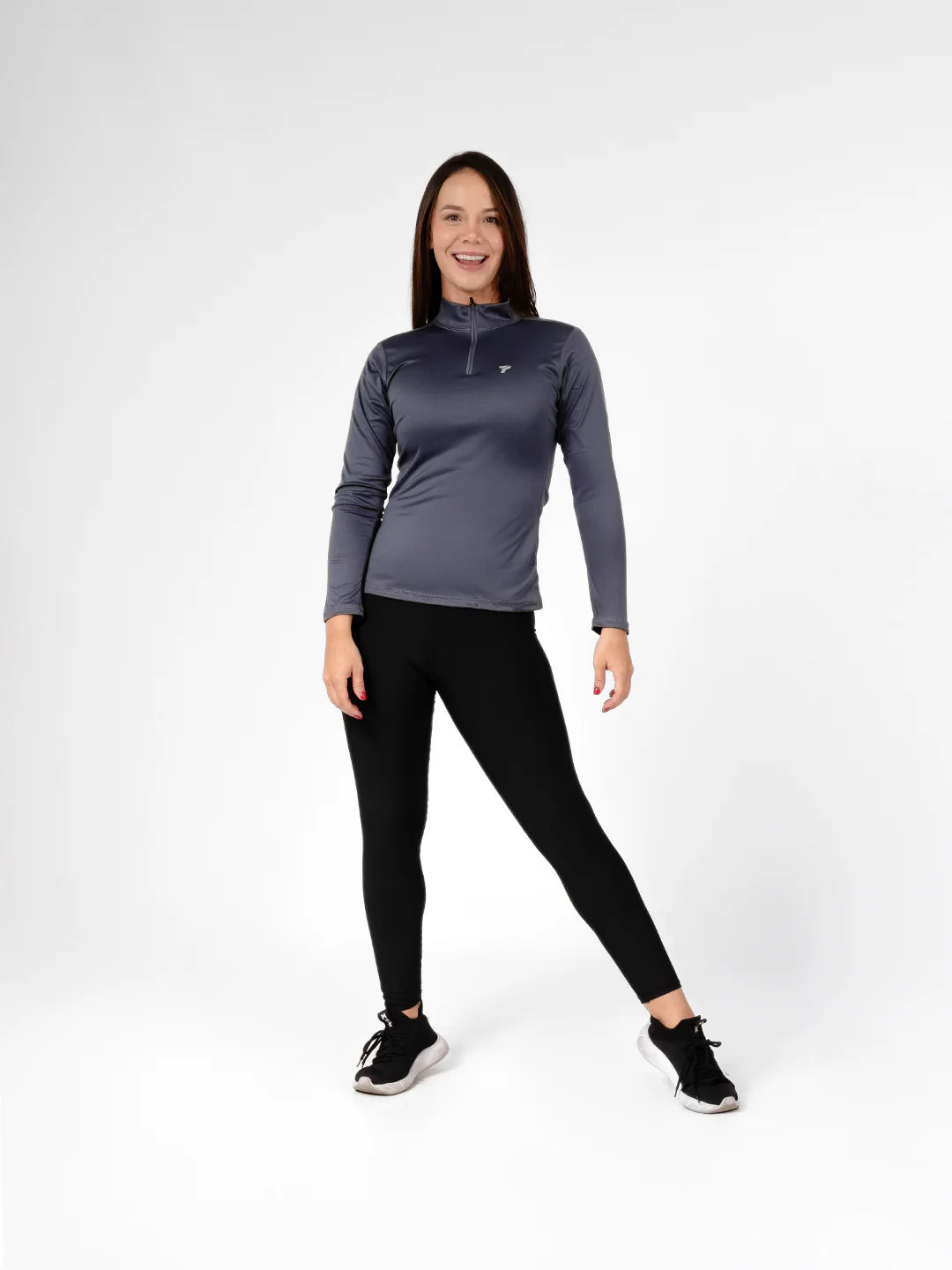 Buzo compresión gris oscuro manga larga mujer running TENFIT