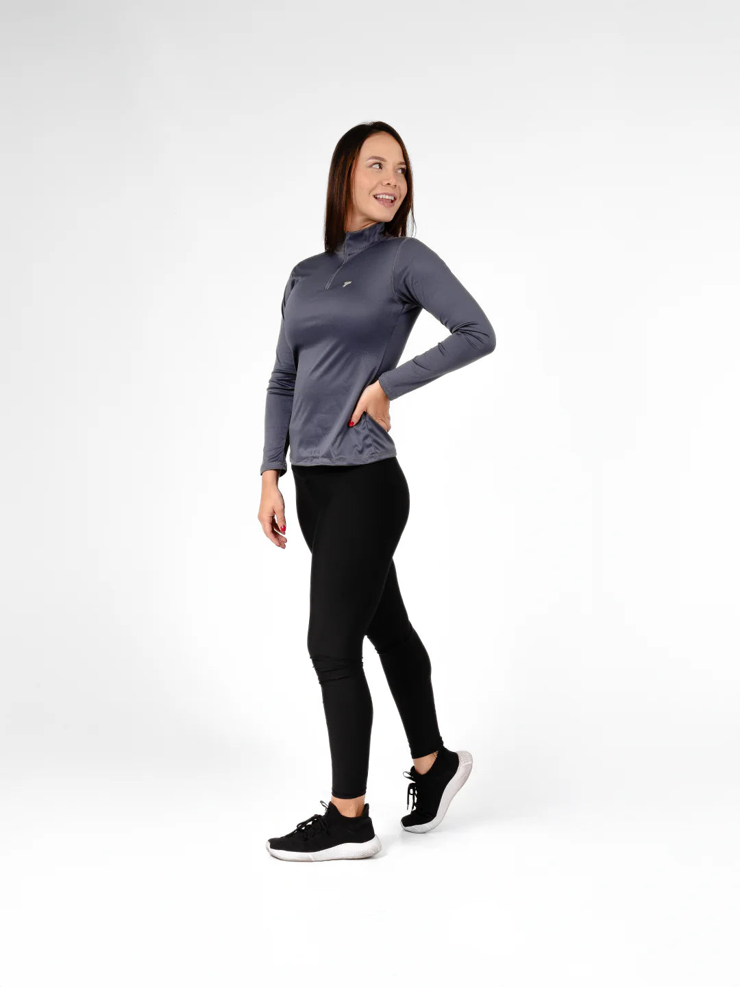 Buzo licra gris oscuro cierre frontal secado rápido gym mujer