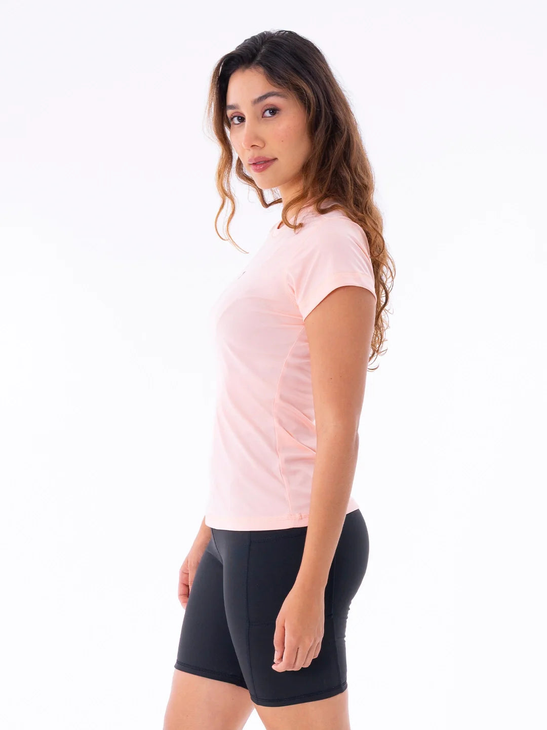 Camiseta palo de rosa manga corta mujer vista lateral - gym TENFIT