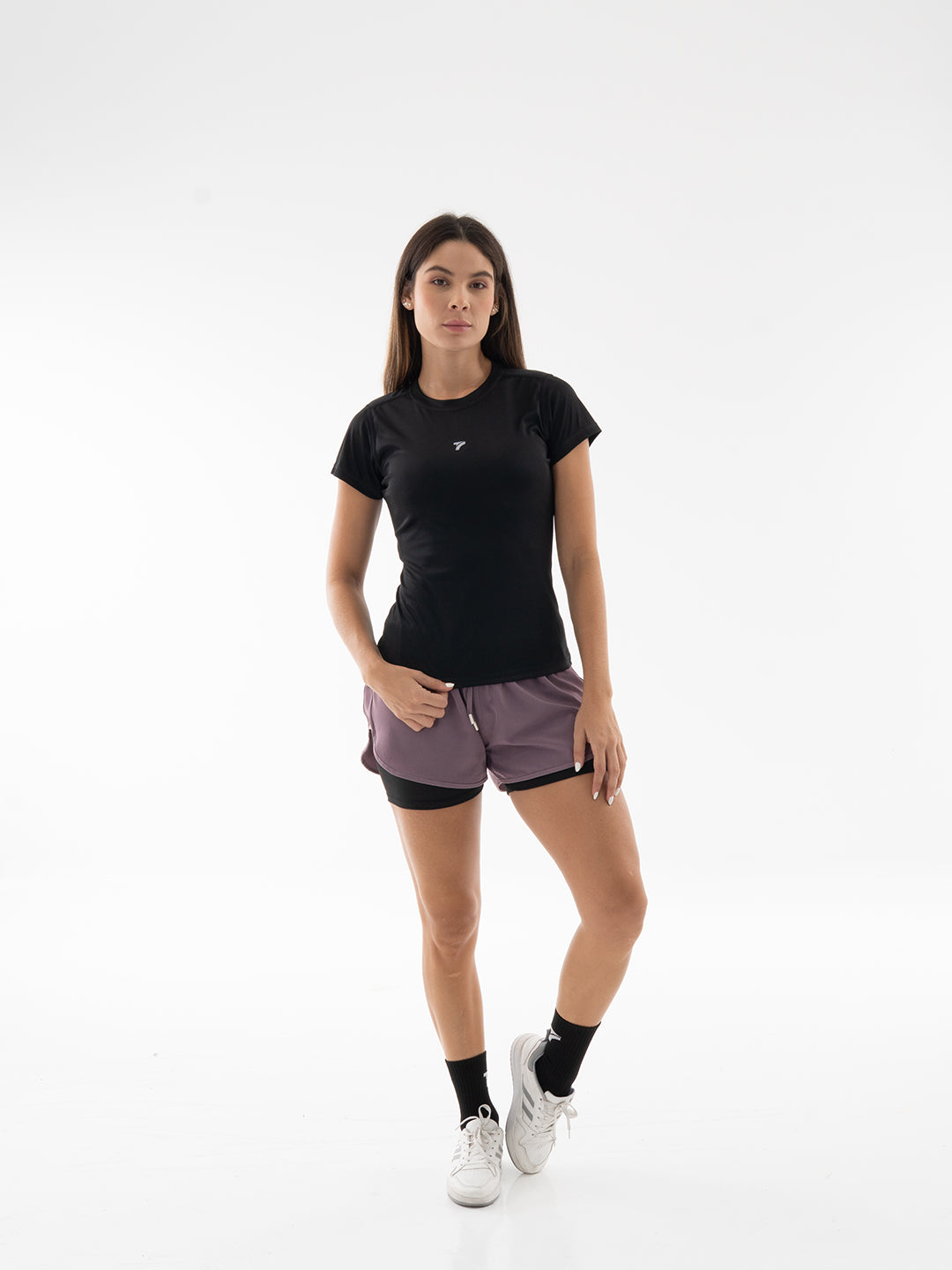 Camiseta de compresión negra manga corta mujer TENFIT — vista frontal
