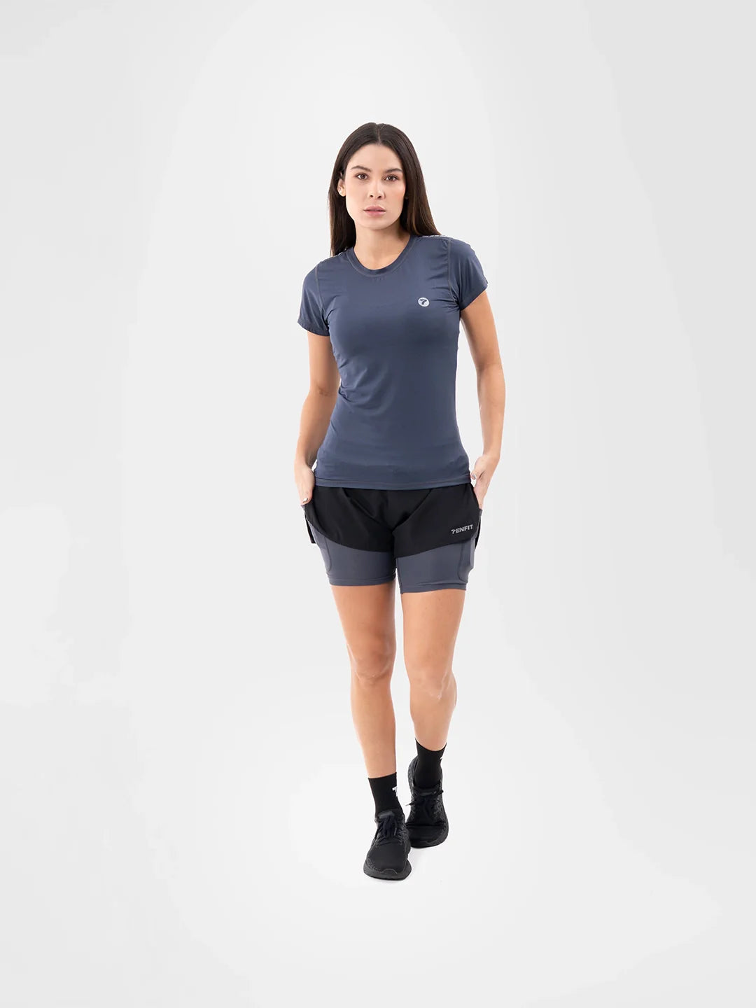 Camiseta deportiva azul indigo mujer gym - TENFIT Colombia