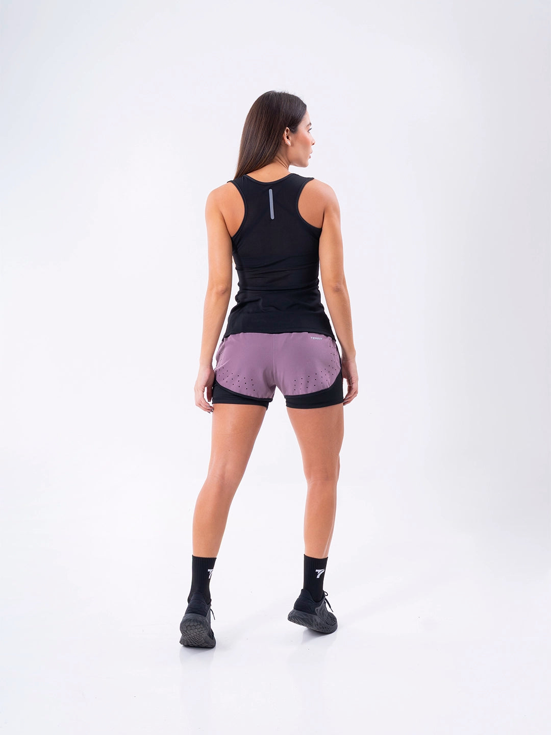 Short uva metalizado tiro alto mujer vista posterior TENFIT