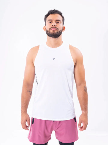 Camisilla Running Blanco hombre vista lateral frente - TENFIT Colombia