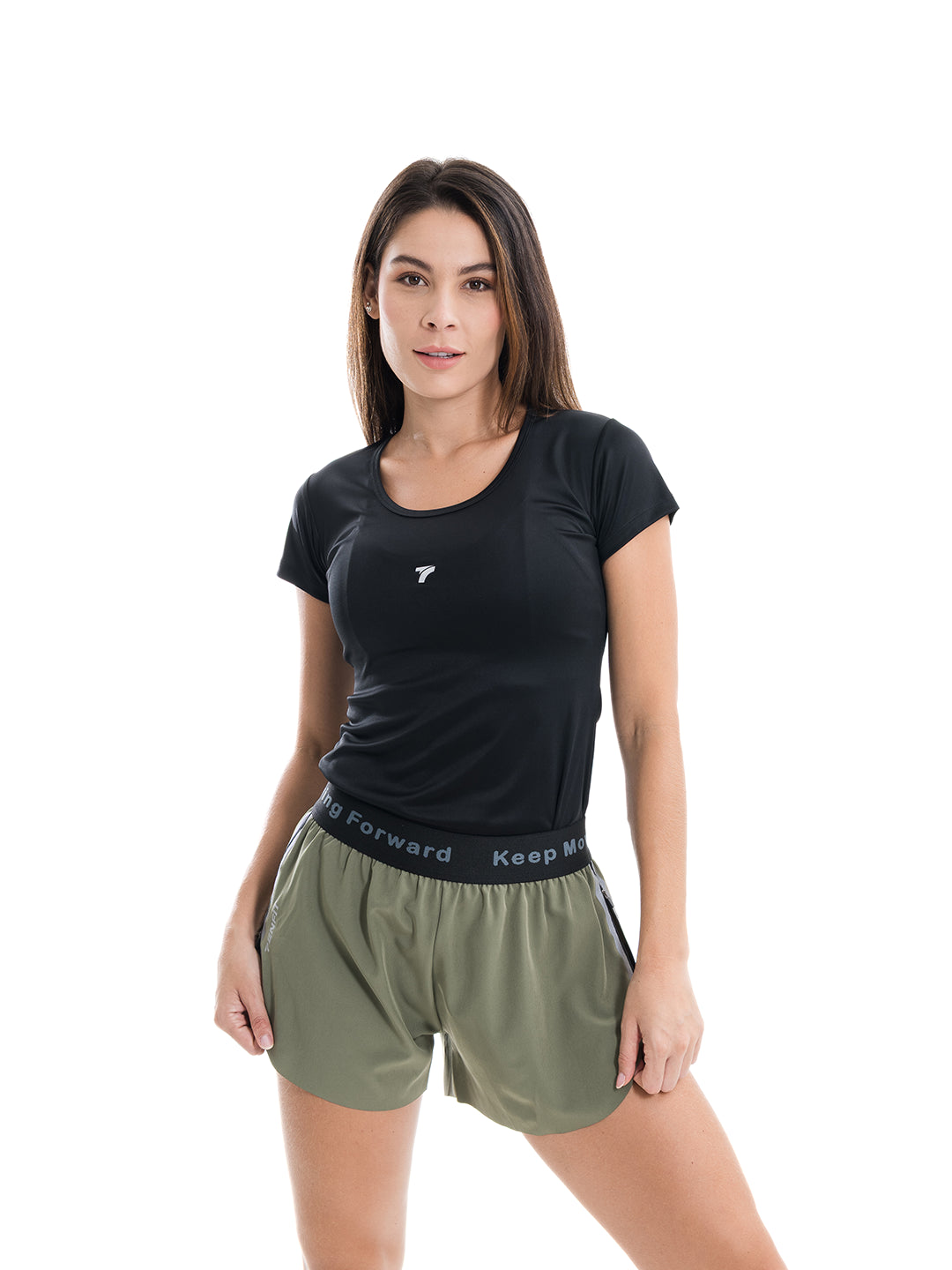 Short verde oliva oscuro mujer deportivo frente - TENFIT Power Run
