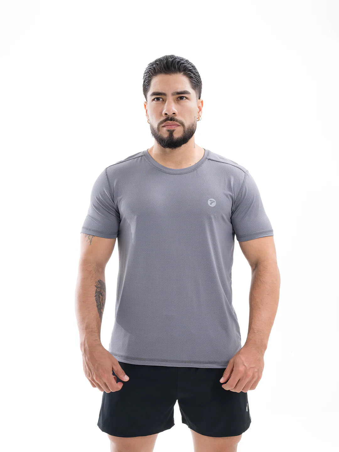 Camiseta running gris oscuro hombre TENFIT frente perfil
