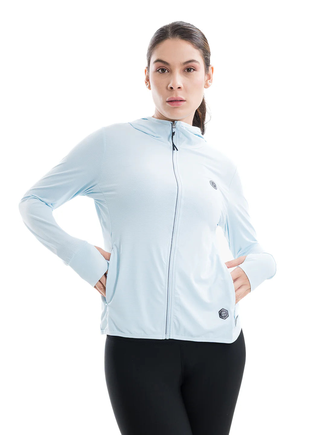 Chaqueta deportiva mujer azul cielo Luxactive TENFIT vista frontal