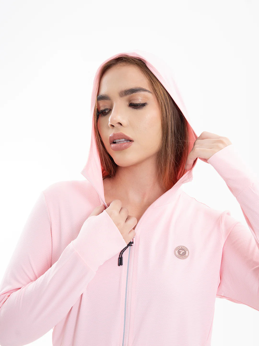 Chaqueta Luxactive rosado detalle manga y cierre TENFIT