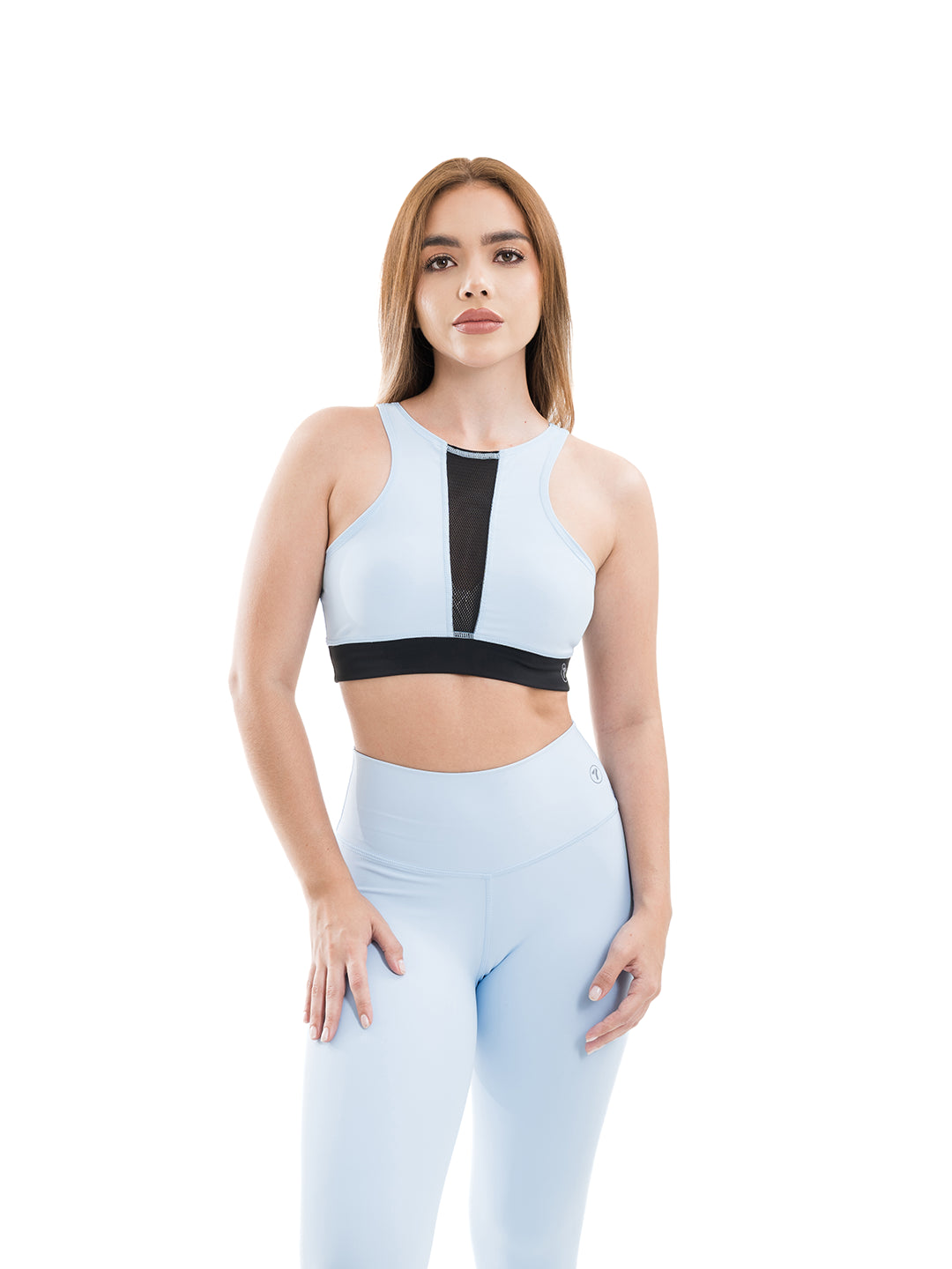Conjunto deportivo azul celeste nylon tiro alto mujer TENFIT frontal