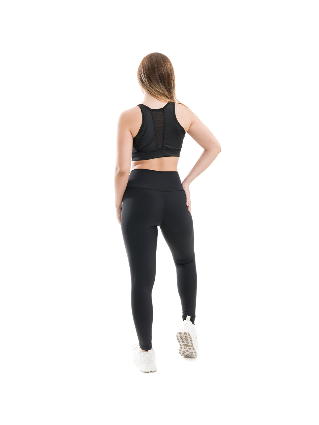 Conjunto deportivo negro nylon tiro alto mujer TENFIT vista posterior