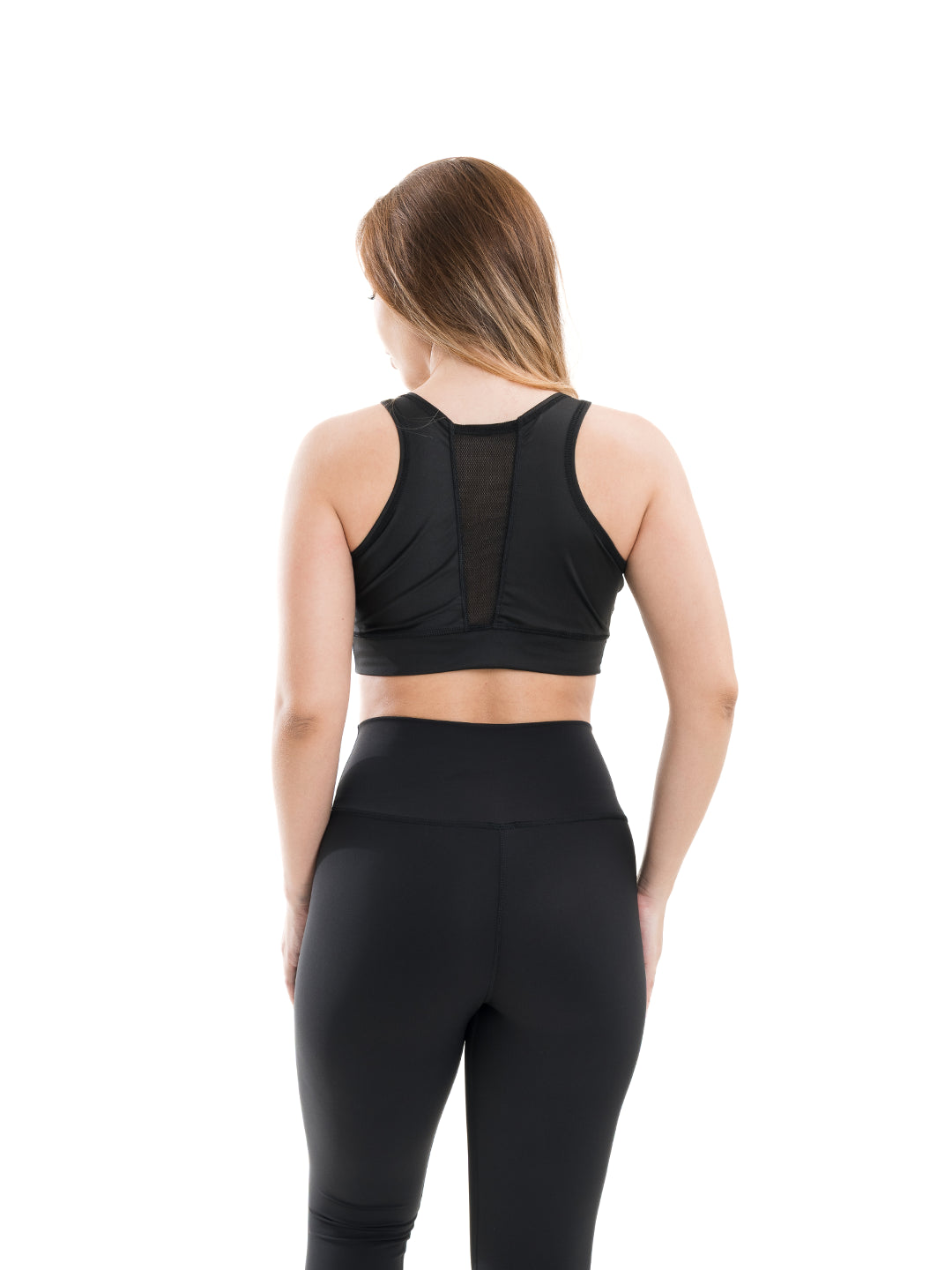Conjunto deportivo negro nylon tiro alto mujer TENFIT vista postior plano cerca