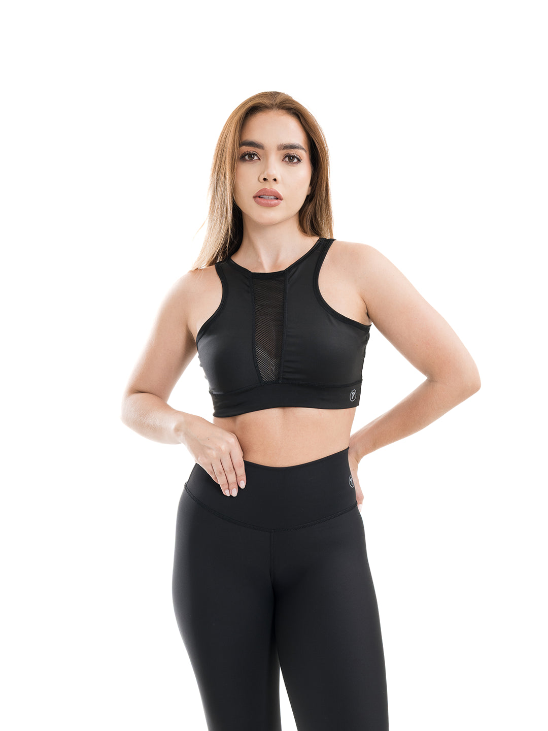 Conjunto deportivo negro nylon tiro alto mujer TENFIT vista frontal
