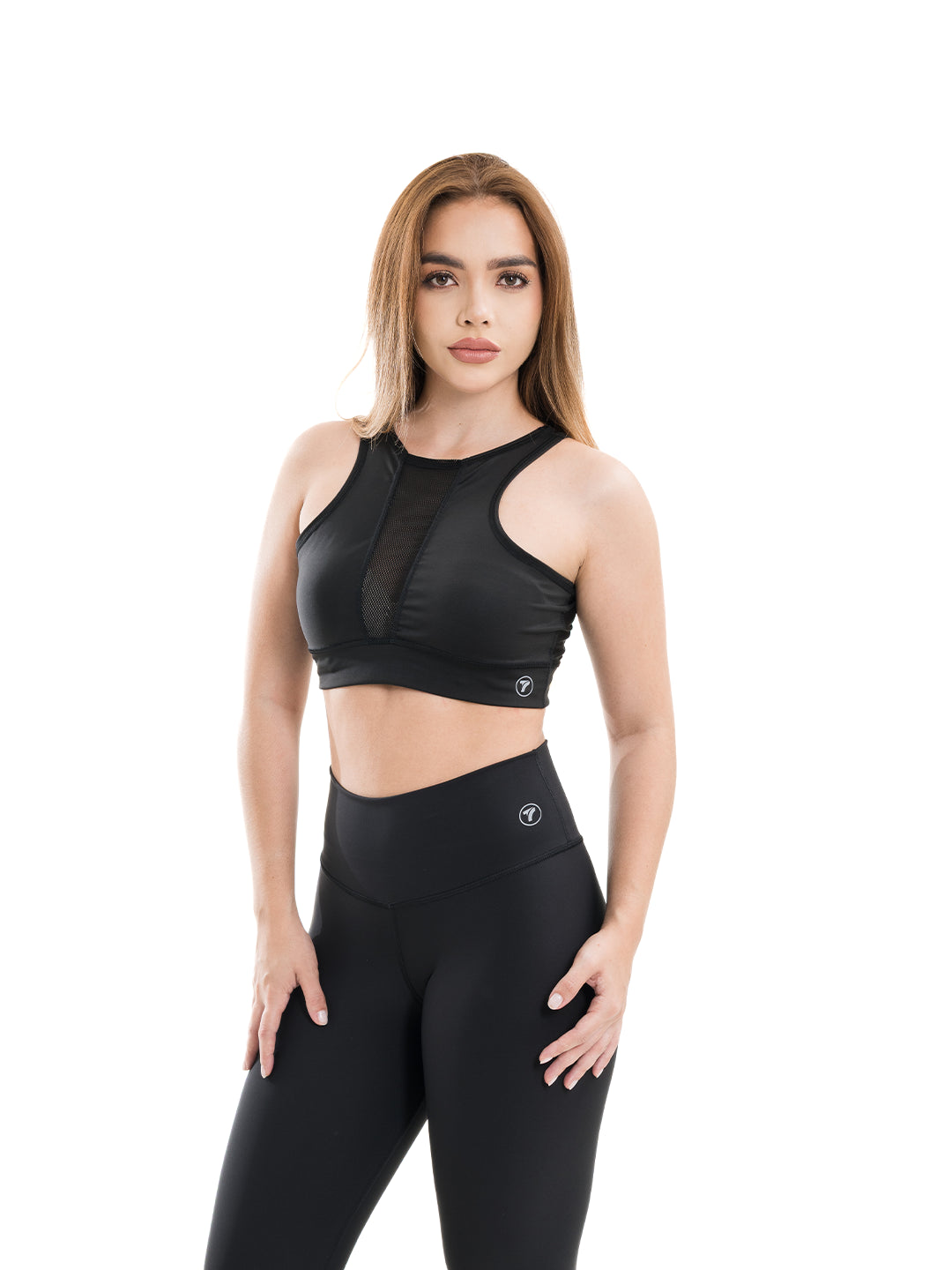 Conjunto deportivo negro mujer tiro alto tejido 4 vías TENFIT lateral