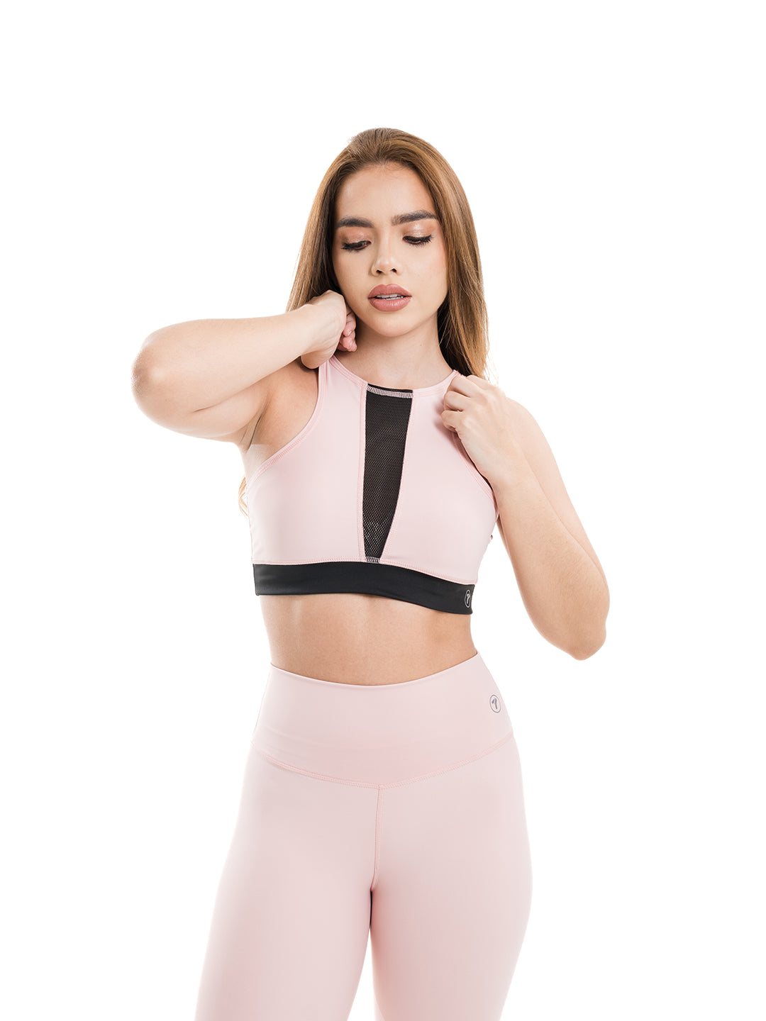 Conjunto deportivo rosa crepé nylon tiro alto mujer TENFIT frontal