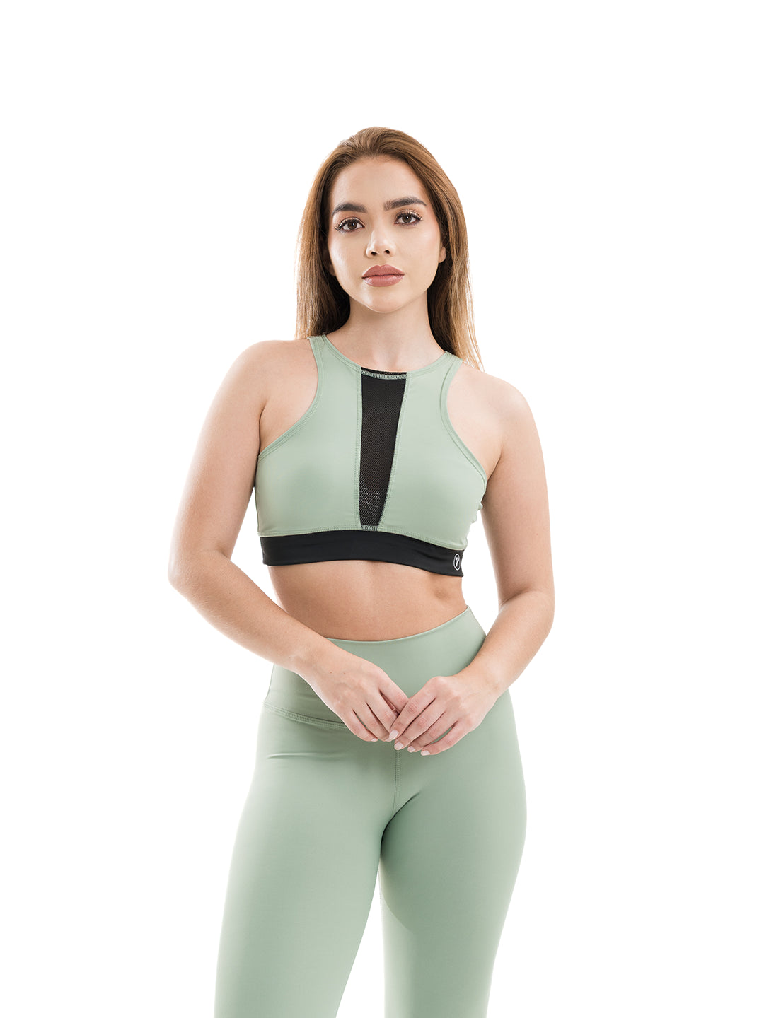 Conjunto deportivo verde oliva nylon tiro alto mujer TENFIT frontal