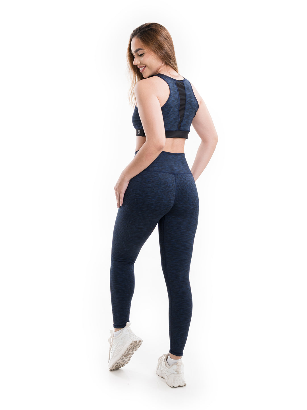 Conjunto fitness azul turquí tiro alto sin transparencias mujer Colombia vista posterior TENFIT