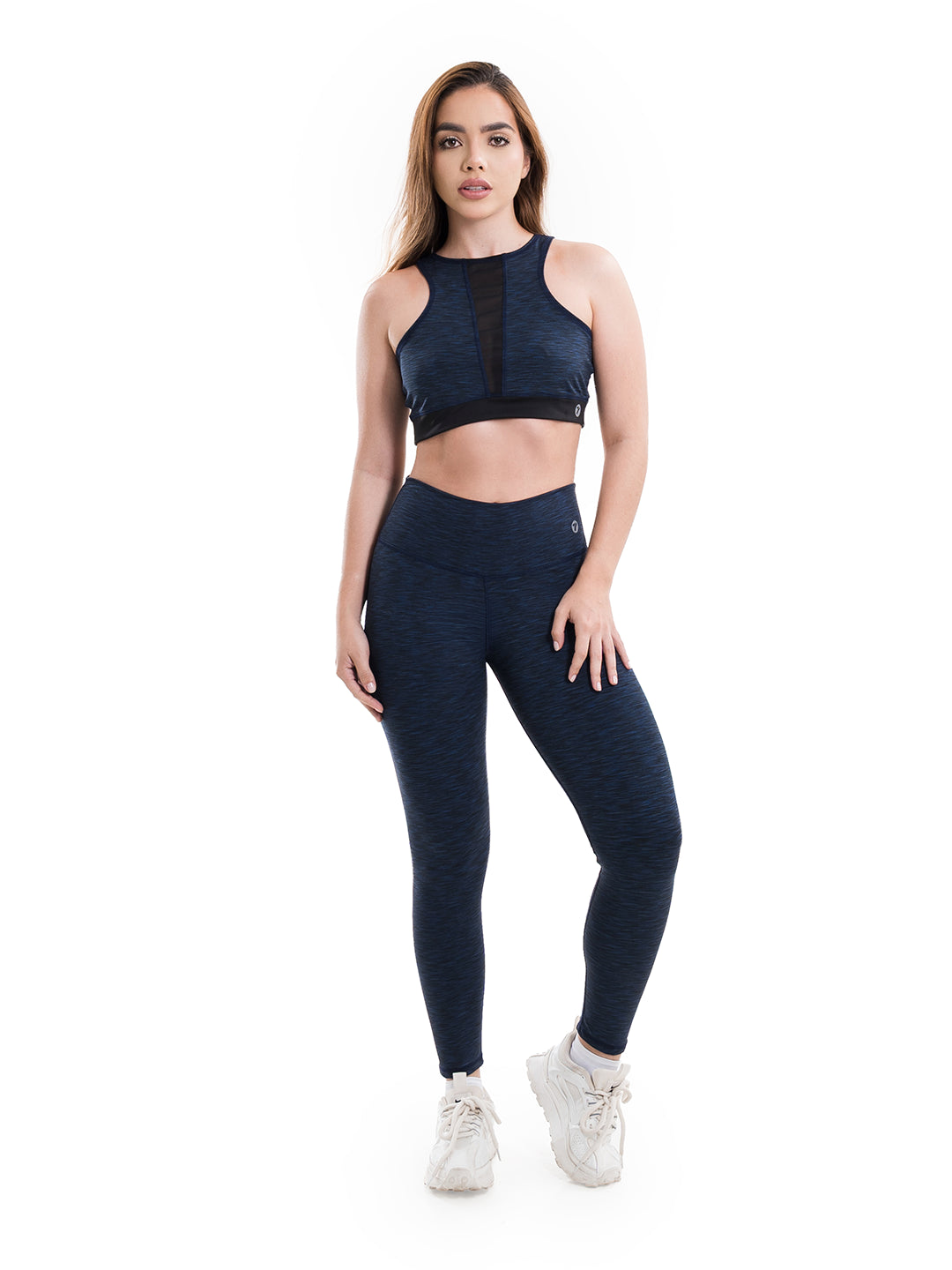 Conjunto deportivo azul turquí jaspe nylon cationic tiro alto mujer TENFIT - vista frontal