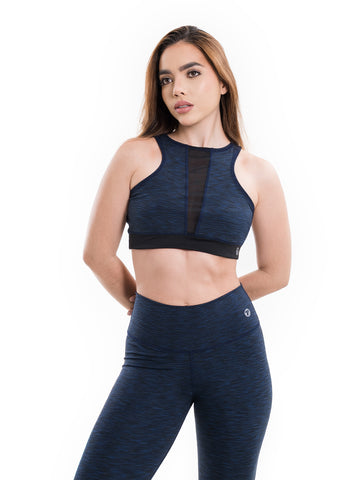 Conjunto deportivo azul turquí jaspe nylon cationic tiro alto mujer TENFIT - vista frontal