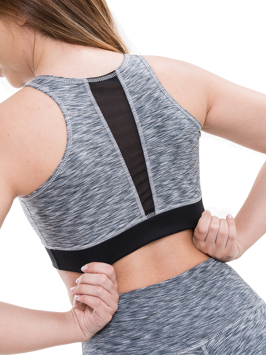 Conjunto deportivo gris jaspe nylon 4 vías silueta definida mujer TENFIT - detalle posterior