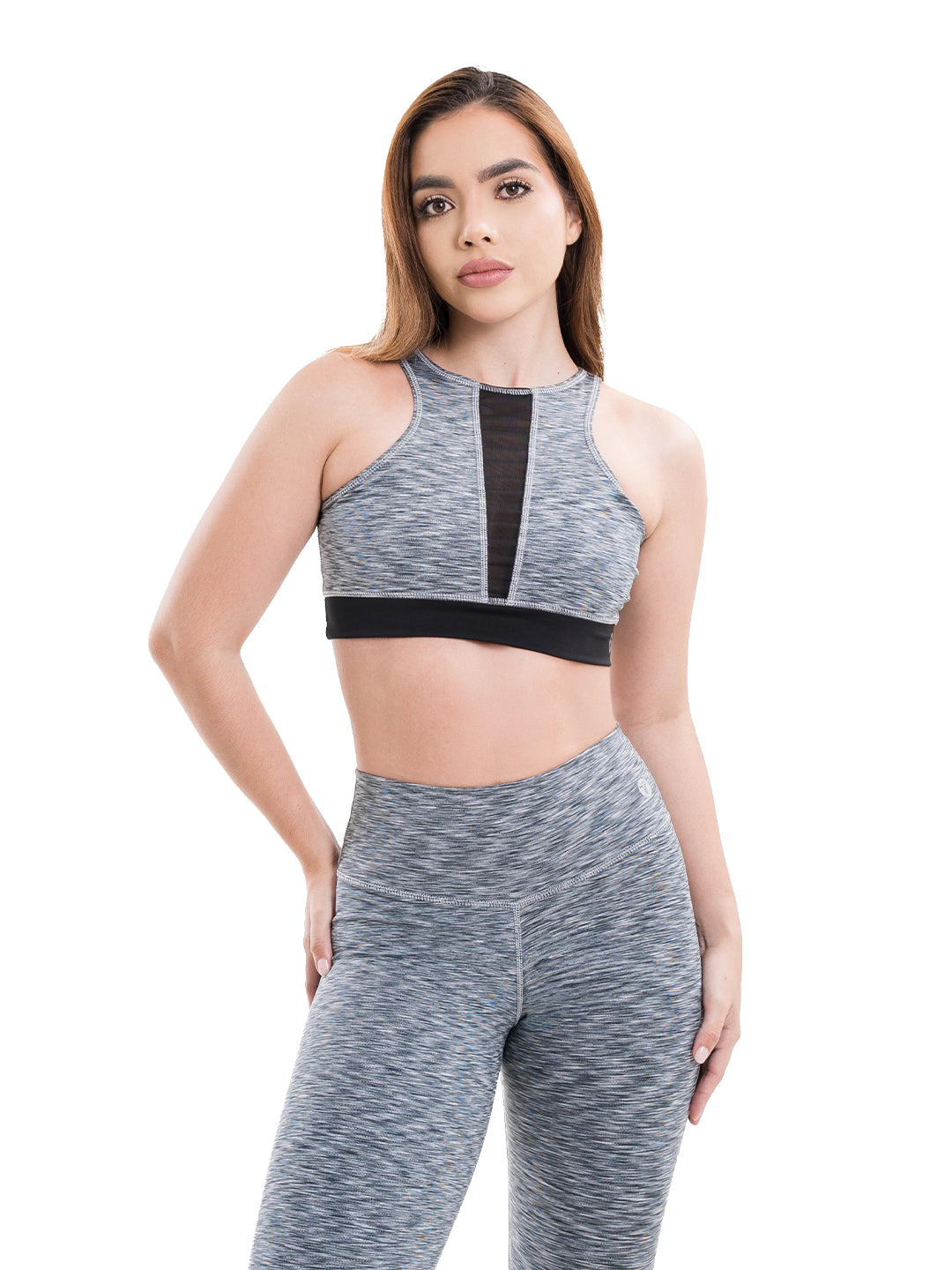 Conjunto deportivo gris jaspe nylon cationic tiro alto mujer TENFIT - vista frontal