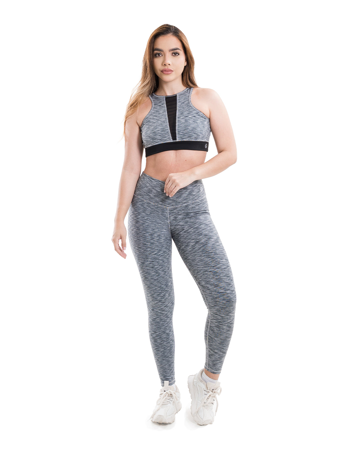 Conjunto fitness gris jaspe tiro alto sin transparencias mujer Colombia TENFIT