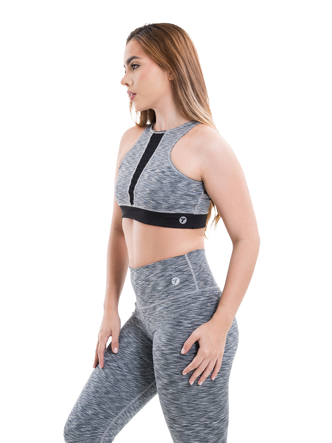 Conjunto deportivo gris jaspe nylon 4 vías silueta definida mujer TENFIT - vista lateral