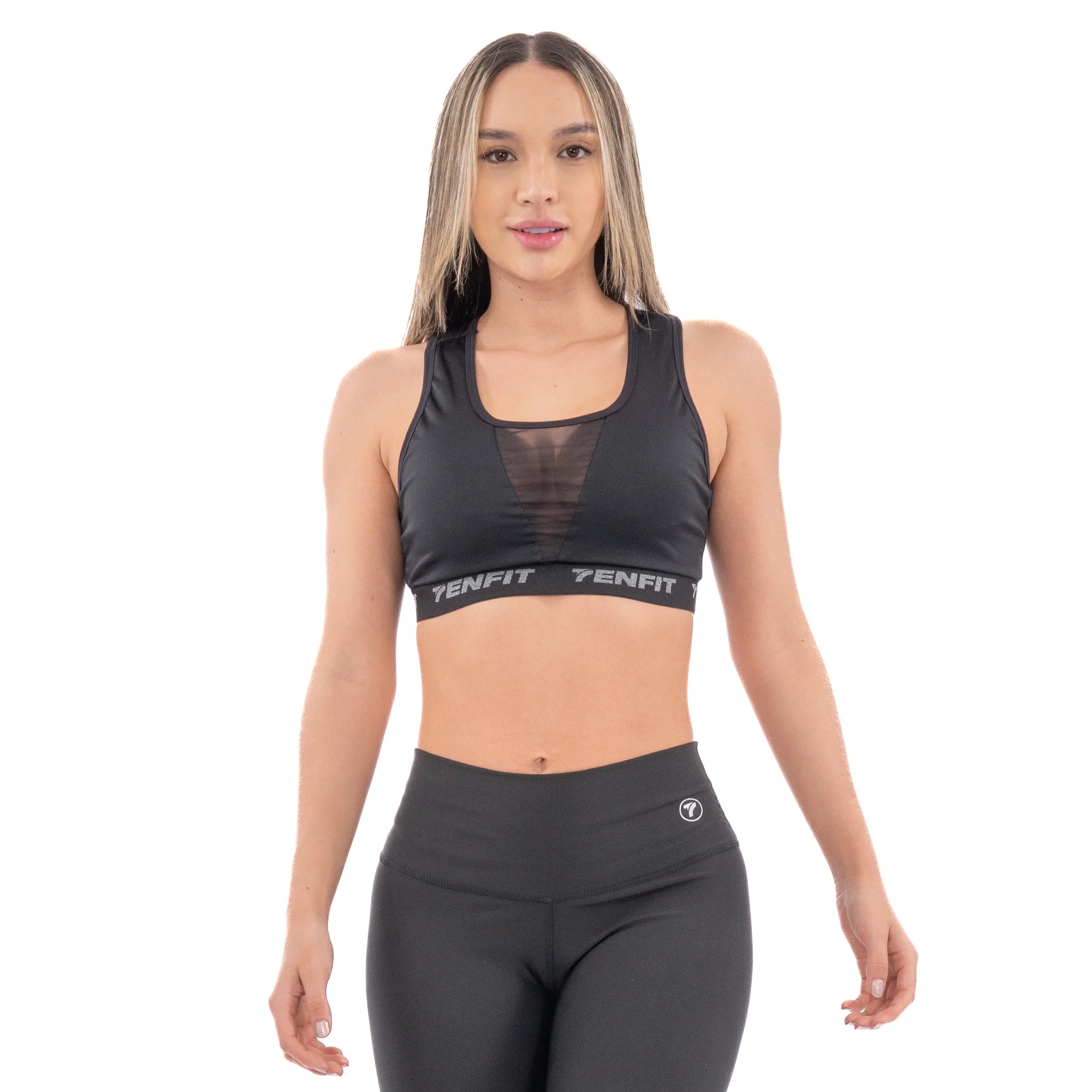 Top deportivo negro mujer TENFIT — soporte medio sin aros