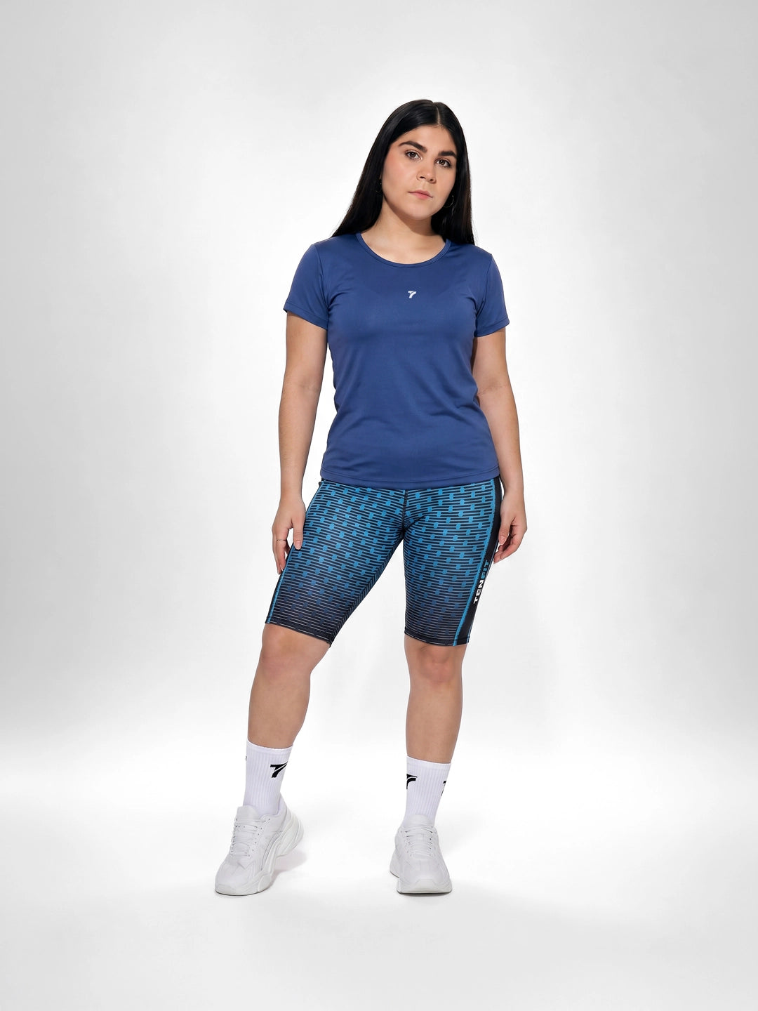 Conjunto deportivo plus size azul turquí y azul rey sublimado - blusa y bicicletero TENFIT