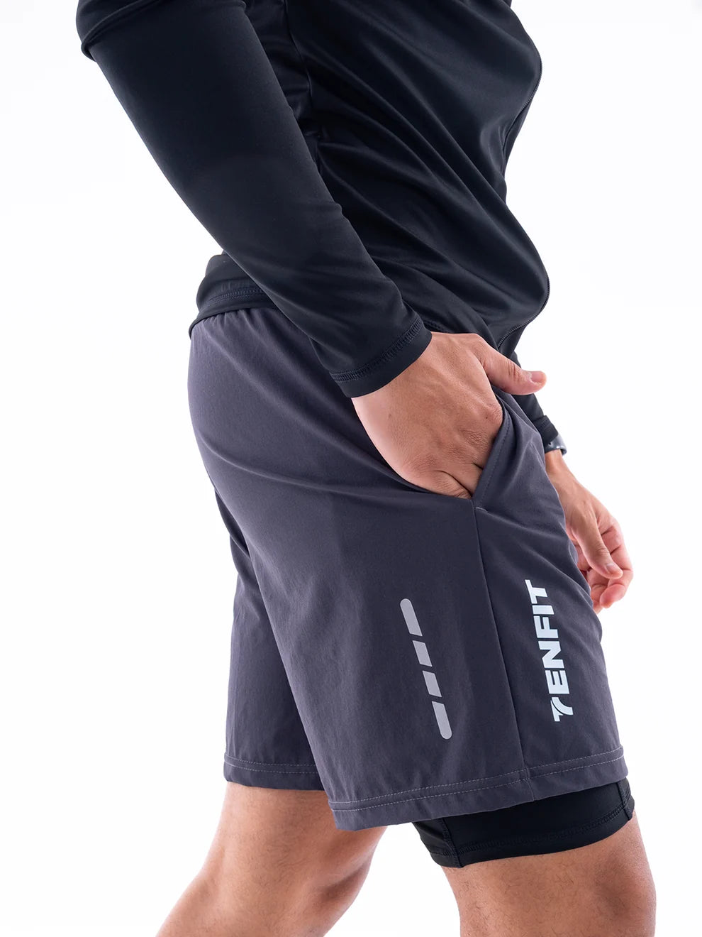 Pantaloneta Deportiva Hombre con Licra Interna NitroFit Plus Size - Gris Oscuro